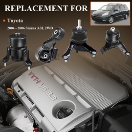 Engine Motor Mount & Trans Mount Replacement for 2004 2005 2006 Toyota Sienna 3.3L 2WD, Engine Mount Set of 4 Replaces OE# A62009 EMT9680 GP9680 123610H100 1236128220 A4295 A4296 EMT9212