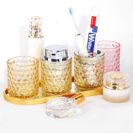 Fvstar Amber Glass Bathroom Accessories Set, Glass Toothbrush Holder, Soap Dispenser and Cups, Foaming Soap Dispenser and Toothbrush Holder, 3pcs Amber Bathroom Cups for Brush, Toothpaste