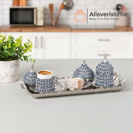 Alisveristime Handcrafted Turkish Evil Eye Espresso Coffee Cup Set with Tray and Sugar Bowl - (Set of 2) (Silver)