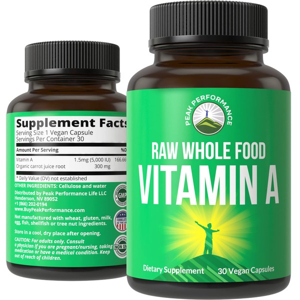 Peak Performance Raw Whole Food Vitamin A Capsules Supplement High Potency Vitamins with Carrot Juice. Great for Immune, Skin, Eye Support. Vegan Pills, Tablets