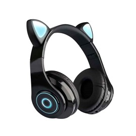 ciciglow Wireless Headset, Soft Earpads Foldable Cute Cat Ear BT Headphone Support BT Mode,Wired Mode and TF Card Play Mode (Black)