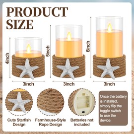 Baquler 3 Pcs Beach Starfish Plastic Flameless LED Battery Candle with Rope Farmhouse Nautical Gradient ‎ Candle Seashell Seahorse Decorative Candlestick for Coastal Wedding Party Table Centerpieces