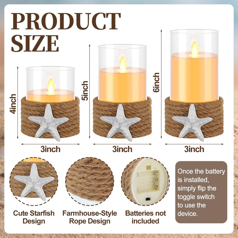 Baquler 3 Pcs Beach Starfish Plastic Flameless LED Battery Candle