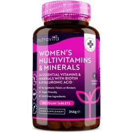 Women's Multivitamins and Minerals - 24 Essential Active Vitamins and Minerals with Added Hyaluronic Acid - 180 Vegan Tablets - No Synthetic Fillers or Binders - Made in The UK by Nutravita