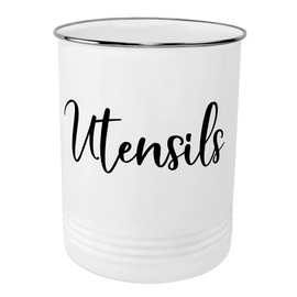 Home Acre Designs Vintage Farmhouse Utensil Holder - Stylish Countertop Organizer and Kitchen Decor Caddy - Stainless Steel Rim - White