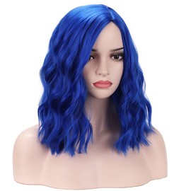 BERON 14 Inches Blue Wig Short Curly Wig Dark Blue Bob Wigs Charming Women Girls Beach Wave Wigs for Cosplay Costume Party Hairnet Included