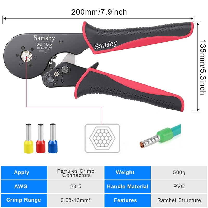Bootlace Ferrule Crimping Tool,16mm Crimping Tools AWG28-5/0.08-16mm², Ratchet Structure Hexagonal