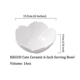 KKGUD Cute Ceramic 6-Inch Serving Bowl with Saucer and Spoon, Cherry Blossom Shaped Bowl 16oz (White)