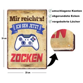 schilderkreis24 Tin Sign Funny Gaming Saying "Mir Reicht's Zocken" Decorative Gamer PC Console Computer Metal Sign Gift Idea Birthday Christmas Computer Player 20 x 30 cm