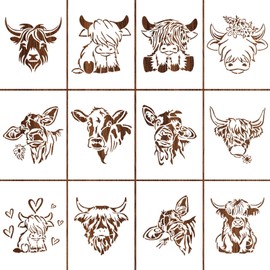 Highland Cow Stencils, Pack of 12 Animal Stencils, Textile Design Children, Reusable Highland Cow for Painting, Animals Painting Stencils for Scrapbooking Photo Album