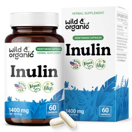 Wild & Organic Inulin Prebiotic Fiber Capsules 1400 mg - Digestive & Gut Support - Chicory Root Inulin Powder Supplement - Vegan, No Fillers, Non-GMO - 60 Count