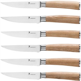 kangdelun Natura Series 4.5” Serrated Steak Knife Set of 6, High Carbon Stainless Steel, Wooden Handle, Natural