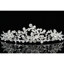 Flower Leaf Bridal Wedding Tiara Crown - Clear Crystals Silver Plating T627