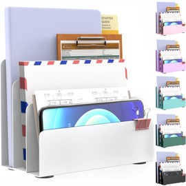 OUTIOE Mail Organizer Countertop, Small Desk File Organizer, Metal File Holder - Essential Workspace Organizers for Office Desk, Home Office (White)