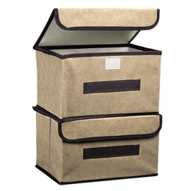 PATIKIL Fabric Collapsible Storage Bin 10.2 x 7.5 x 6.3 Inch, 2 Pcs Foldable Storage Box Cube with Lids and Handle Organizer Container for Home Bedroom Closet Clothes, Cream