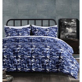 Chezmoi Collection Soft Microfiber Printed Military Camo Bedding Set 3-Piece Blue Gray Camouflage Comforter Set, Full Size