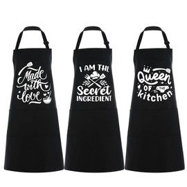 Lemecima Set of 3 Women Kitchen Aprons with Funny Quotes Pocket Apron with Adjustable Waist Tie Cute Aprons for Cooking Baking