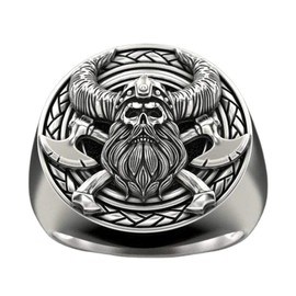 Viking Skull Ring for Men, Viking Warrior Ring, Crossed Axe Skull Head Ring, Vintage Gladiator Helmet Skull Ring, Nordic Warriors Skull Tribal Amulet Ring, Punk Skull Jewelry Gift (Silver, 9)