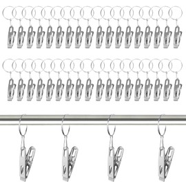 VirtuGro Curtain Rings with Clips, 40 Pack Stainless Steel Drapery Ring Set 1.25 Inch Interior Diameter Openable Hanger Ring Hook Clip Metal Spring Hooks Clothes Pegs for Window Curtain Rod Decoration