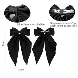 LATRAT 2 Pieces Hair Clips with Large Bow Soft Silky Long Tail French Ribbon Hair Pins Women Girls Hair Bow Accessories for Women and Girls