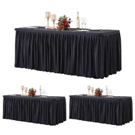3 Pack Black Polyester Table Clothes for 6 Foot Rectangle Tables, Wrinkle Free Fitted Table Cover with Pleated Ruffle Table Skirt for Party Baby Shower Wedding Birthday Event Display