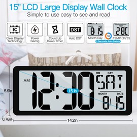 KMMKGG 15" Large Digital Wall Clock Battery Operated, Digital Clock Large Display with Day, Date & Temperature, Large Wall Clock for Bedroom, Livingroom, Office(Black)