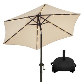 wikiwiki 7.5FT Solar Led Patio Umbrella with Base, Sturdy Outdoor Market Umbrella for Deck, Pool, Garden w/Tilt, Crank, 32 LED Lights, Beige