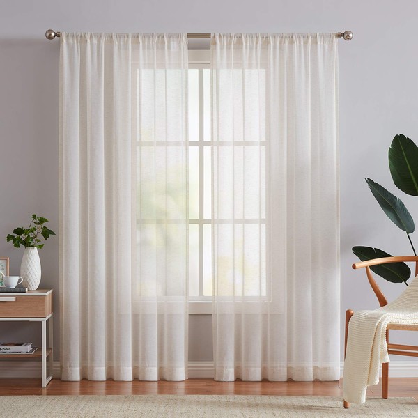 FMFUNCTEX Linen Flax Sheer Curtain Panels 96"-Long Living Room Retro