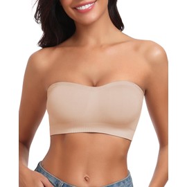 LEYSHE Bandeau Bra Strapless Bra Without Underwire Seamless Tube Top Bra Padded Bandeau Top with Transparent Straps, beige