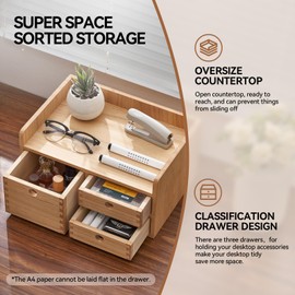 KIRIGEN Desk Organizer with 3 Drawers - Wood Drawer Storage Box with Trays for Tabletop - Workspace Office Toiletries Supplies Tool Caddy - Wooden Storage Cabinet Natural（DT1D3C-NA）