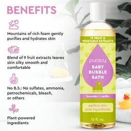 Puracy Bubble Bath for Children, Gently Scented with Real Lavender & Vanilla, 98.75% Natural Baby Bubble Bath, Plant-Based Moisturizers for All Skin Types, Tear-Free for Daily Use, 12 Fl Oz