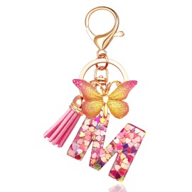 JINGUAZI Initial letter Keychains for Women Tassel Butterfly Pink Cute Car Keychain for Wallet Purses Backpack (Pink M)