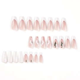 Hkanlre Bling Press on Nails Tips Ballerina Long Fake Pink Nails Full Cover Rhinestones Coffin False Nails for Women and Girls 24PCS