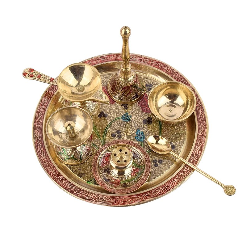 SATVIK 8 Inch Brass Puja Thali 7 Pc Set with