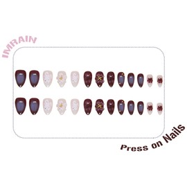 IMRAIN Press on Nails Medium Almond Fake Nails 3D Flower & Ombre Purple White Glossy Glue on Nails Full Cover Gel Artificial False Nails Stick on Nails for Women 24Pcs