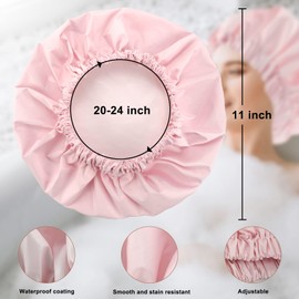 Reusable Shower Cap for Women, Large Waterproof Shower Bonnet Washable Elastic Band Bath Hair Hat for Long Hair, Braids(Pink&Beige)