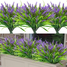 Agusbagli 24 Bundles Artificial Grass Fake Plants, Outdoor Fake Monkey Grass Greenery UV Resistant Faux Plastic Shrubs Arrangement for Patio Garden Porch Home Window Hanging Planter Decor - Purple