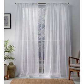 Exclusive Home Curtains Santos Embellished Stripe Sheer Linen Rod Pocket Curtain Panel Pair, 54x84, Winter White, 2 Piece