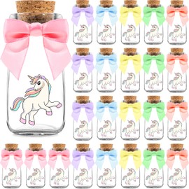 Ethisa 24 Pack Unicorn Party Favor Glass Bottles with Pastel Ribbons - Vintage Birthday Unicorn Party Favors and Baby Shower and Table Centerpieces Decorations - Sturdy Rainbow Theme Candy Jar