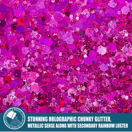 Holographic Chunky Glitter, 5.64oz/160g Craft Glitter Powder Mixed Chunky & Fine Flakes, Iridescent Sequins for Nail Art, Hair, Body, Eye Epoxy Resin, Tumblers, Painting, Festival Decor (Fuchsia)