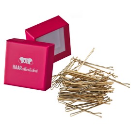HAARallerliebst Hair Clips (Pack of 50 | Gold Glitter | 5 cm) with Box for Storage (Box Colour: Pink) (Box Colour: Pink)