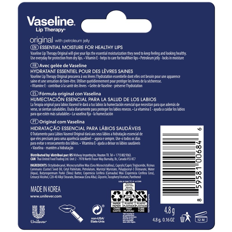 Vaseline Lip Therapy Original 8-Pack – Lip Moisturizer for Dry,