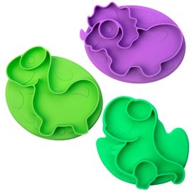 Bentology Juego de platos de silicona de dinosaurio con placa de silicona, paquete de 3 dinosaurios, base antideslizante de silicona divertida y flexible, platos divididos para entrenamiento de alimentos de bebés y niños, seguro para alimentos y última i