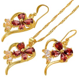 RIZILIA BLOSSOM Jewellery Set Pendant with 45cm(18") Chain & Dangle Earrings Pear Cut Gemstones CZ [Red Garnet] in 18K Yellow Gold Plated, Simple Modern Elegance