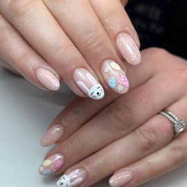 Easter Press on Nails Cute Fake Nails Short Almond Fake Nails Nude Pink False Nails with Bunny Designs Glossy Acrylic Nails Full Cover Glue on Nails Rabbit Easter Eggs Stick on Nails for Women