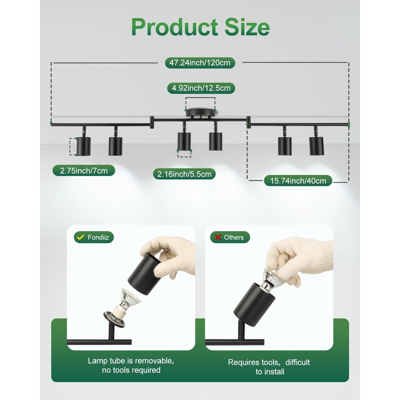 Fondiiz 6 Ways Track Lighting, Rotatable Heads Tracks Light, Track