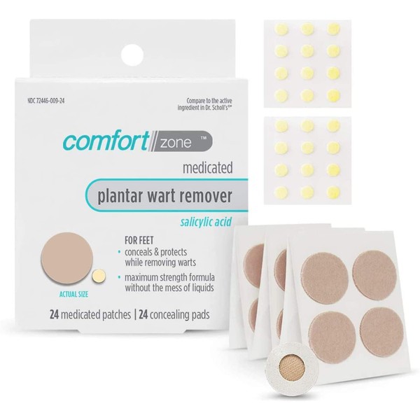 Comfort Zone Plantar Wart Remover Kit, Maximum Strength Salicylic Acid Medicated Patches and Concealing Pads, 24 Count