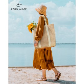Caracaleap Large Beach Bag with Zip, Beach Tote Bag, Women's XXL Family Shoulder Bag, Travel Bag for Women with Sun Hat Holder Strap, Beige, beige, XL