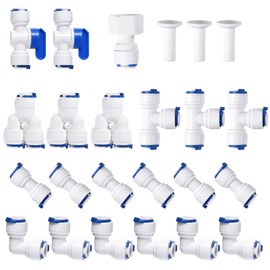 3/8" OD Quick Connect Push in to Connect Water Tube Fitting for RO Reverse Osmosis Water Filter (Ball Valve + T + L + I + Y + Faucet connection + end caps, 24-Pack),White