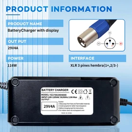 YZPOWER 24V 4A Lead Acid Battery Charger 3-Pin Male XLR Connector for 24 Volt GLE AGM Lead Battery,24v Power Charger Adapter with Display and Built-in Fan